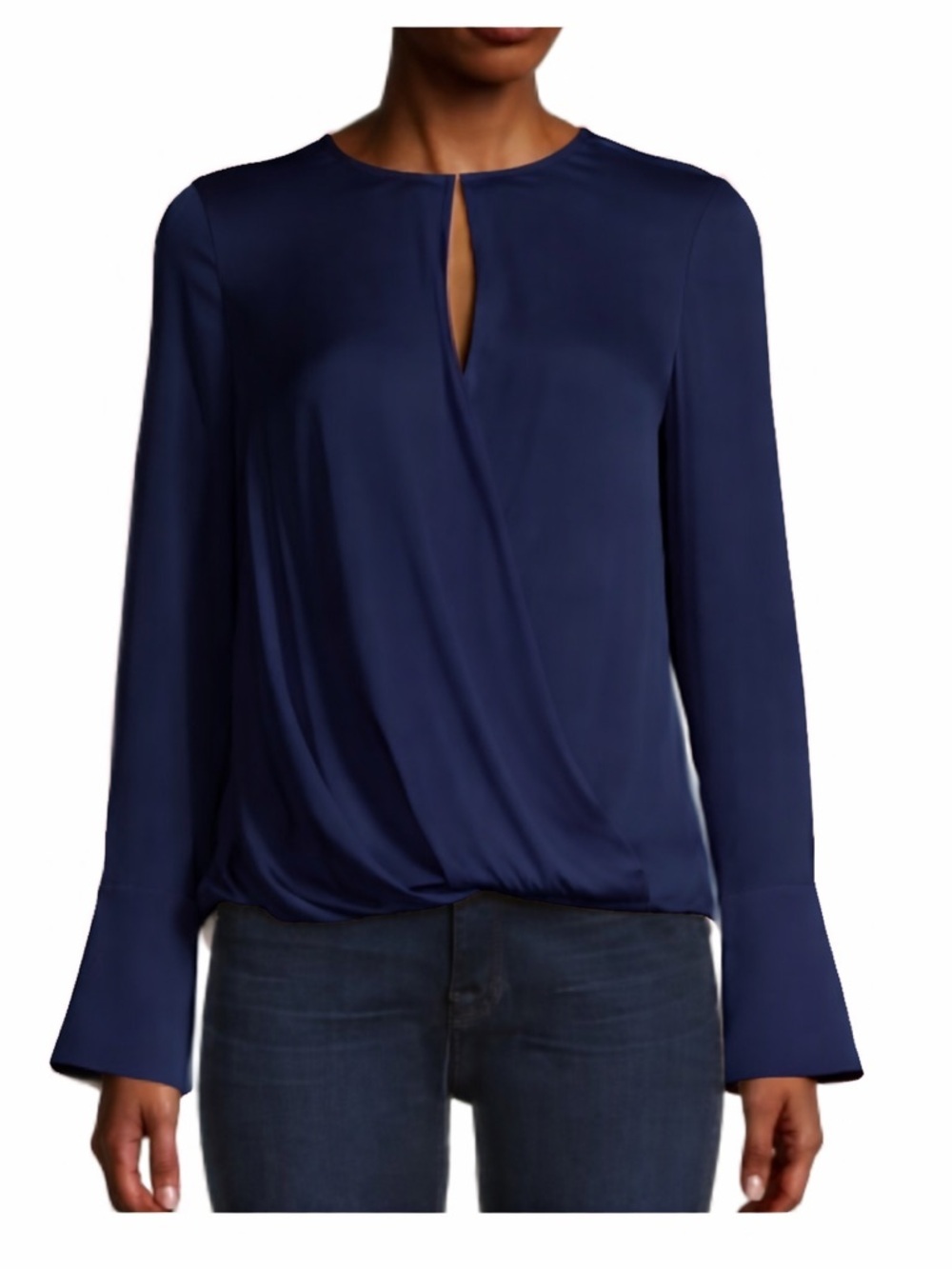 NWT Milly Elysa Silk Blend Wrap Blouse, Long Sleeve, Cuffed, Navy Blue, Size S